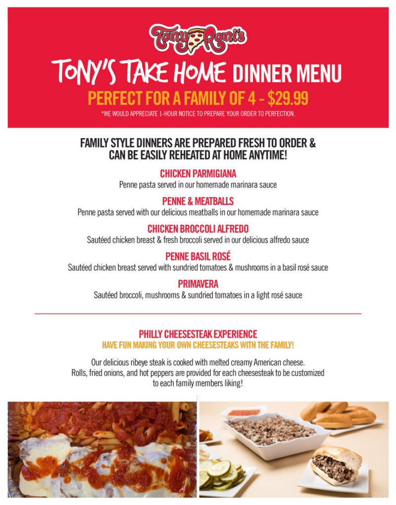 Take Home Dinner Menu - Tony Roni's